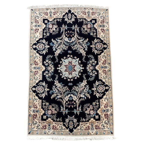 Elegant Dark Blue & Ivory Nain Persian Rug 4 x 6.5