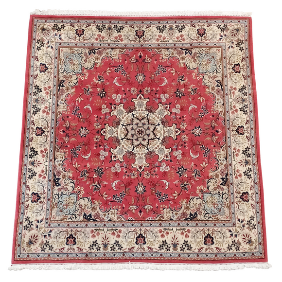 Sarouk Red & Ivory Floral Square Medallion Rug 6.6 x 7